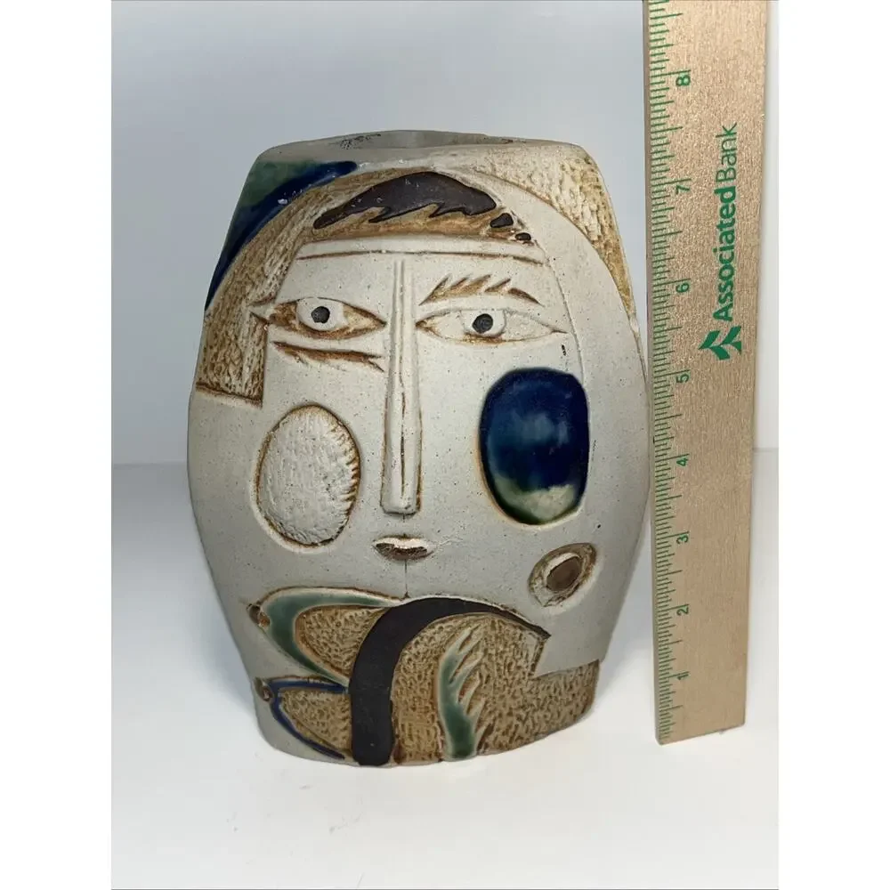 Vintage Modern Picasso Style Faces Vase 3 Sided 7 1/4” Tall script & figural